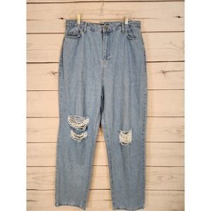 Boohoo Womens Blue Solid Cotton Distressed High Rise Straight‎ Leg Jeans Size 12